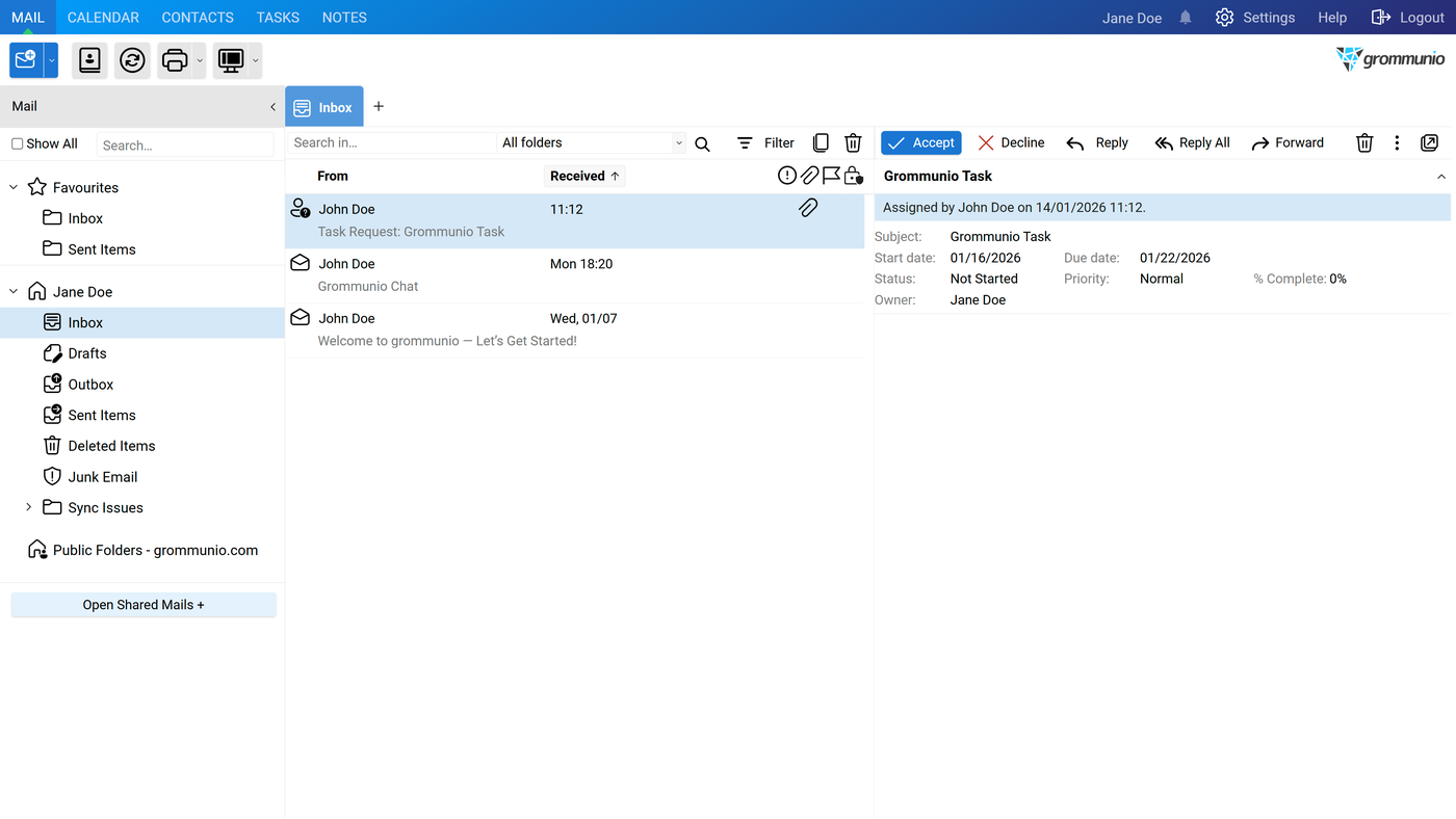 The assignee's Inbox showing the incoming task request with Accept and Decline actions in the toolbar