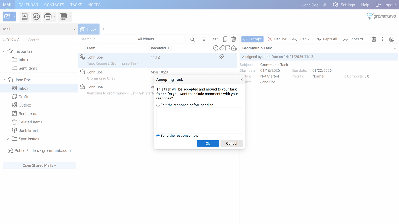 The Accepting Task dialog offering to edit the response before sending or to send the response now