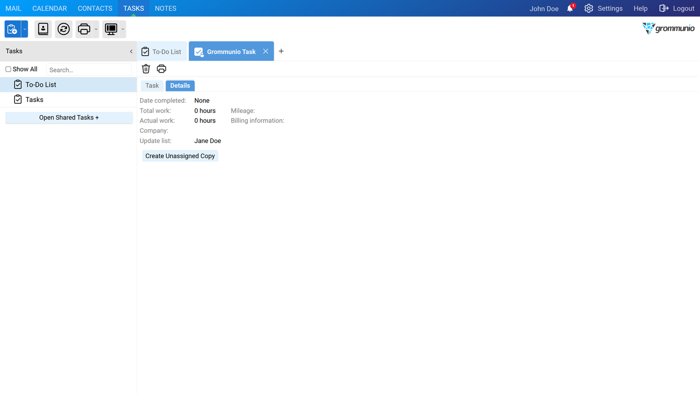 The Details tab of the accepted task, showing work tracking fields and the Create Unassigned Copy button