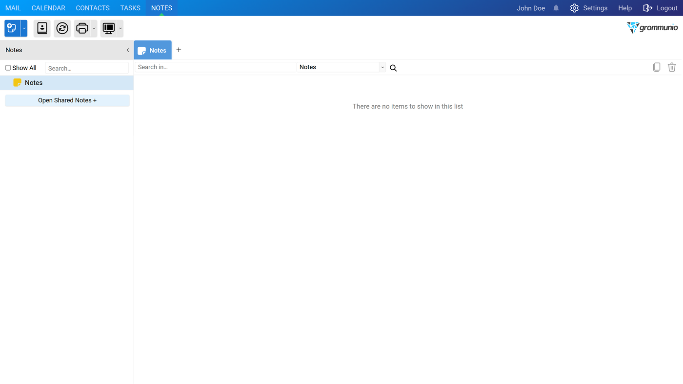 The Notes module in grommunio Web, showing the folder list and an empty note list