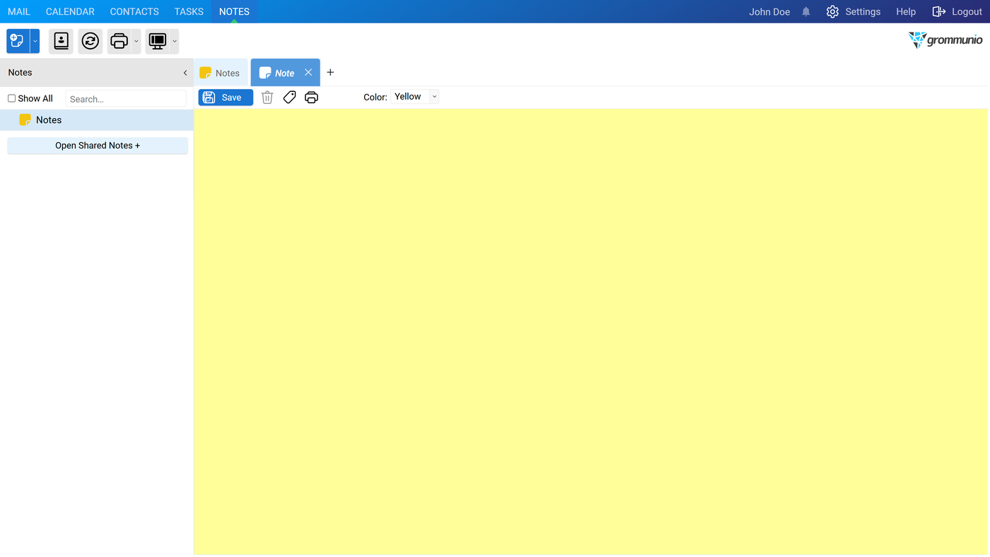 The Note Editor displaying a blank yellow sticky note with a Save button and a Color selector set to Yellow