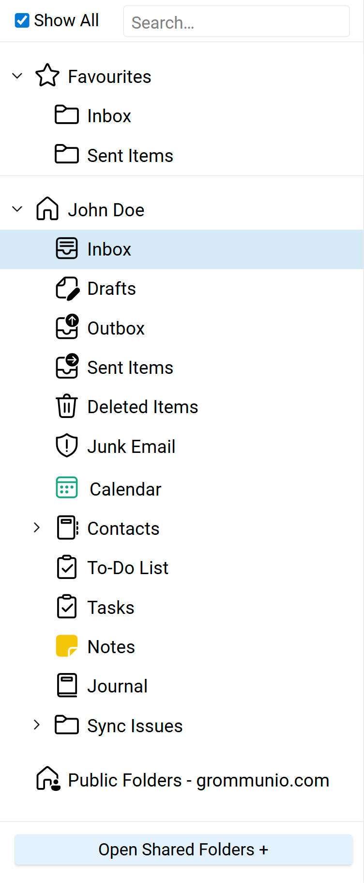 Folder Navigation Area showing Favourites, the John Doe mailstore with its default subfolders, Public Folders, and the Open Shared Folders + button