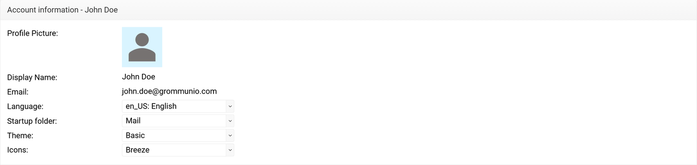 Account information panel showing profile picture, display name, email, language, startup folder, theme, and icons
