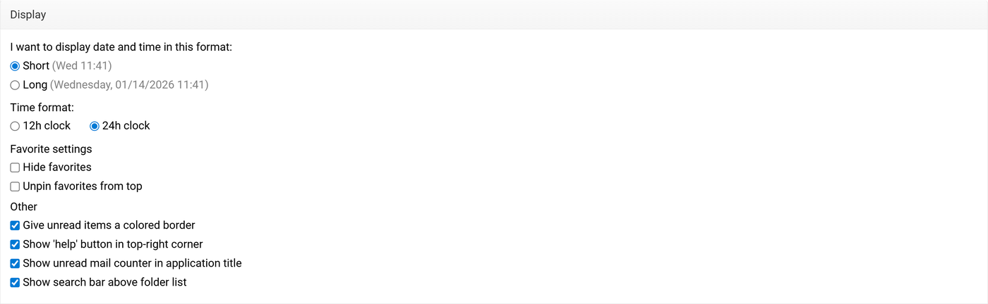 Display settings for date and time format, time format, favorite settings, and other display options