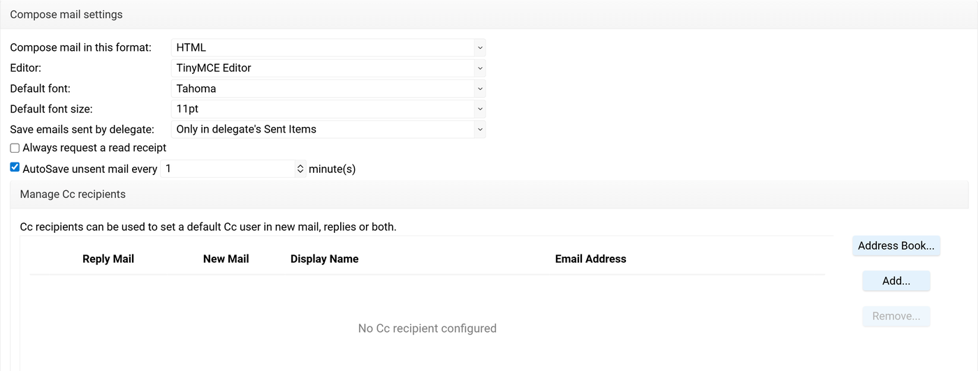 Compose mail settings including format, editor, default font, autosave, and Cc recipient management