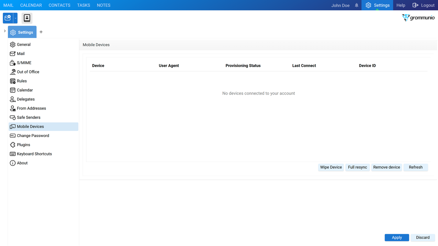 Mobile Devices list with a connected SamsungDevice entry and its sync information