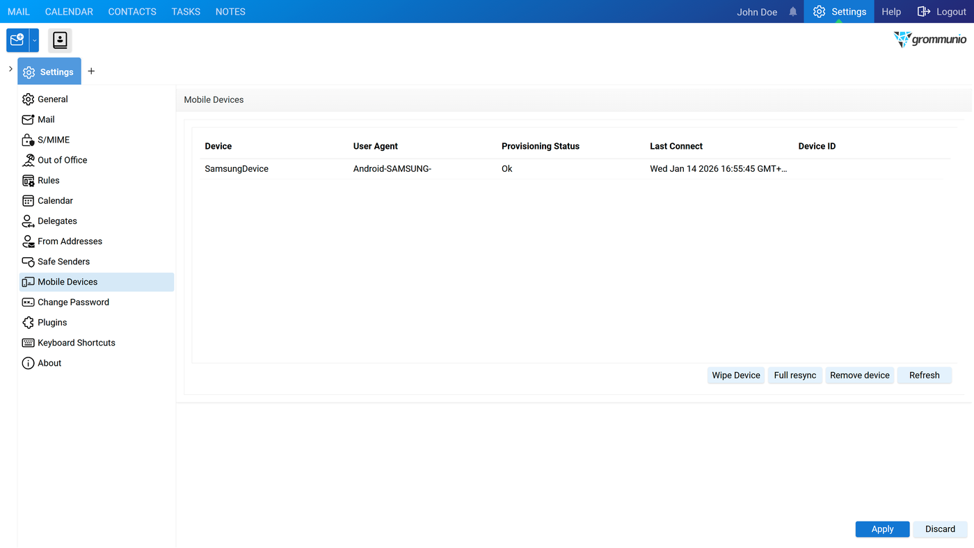 Device details popup, General tab: connection dates, status, and folder synchronization counts