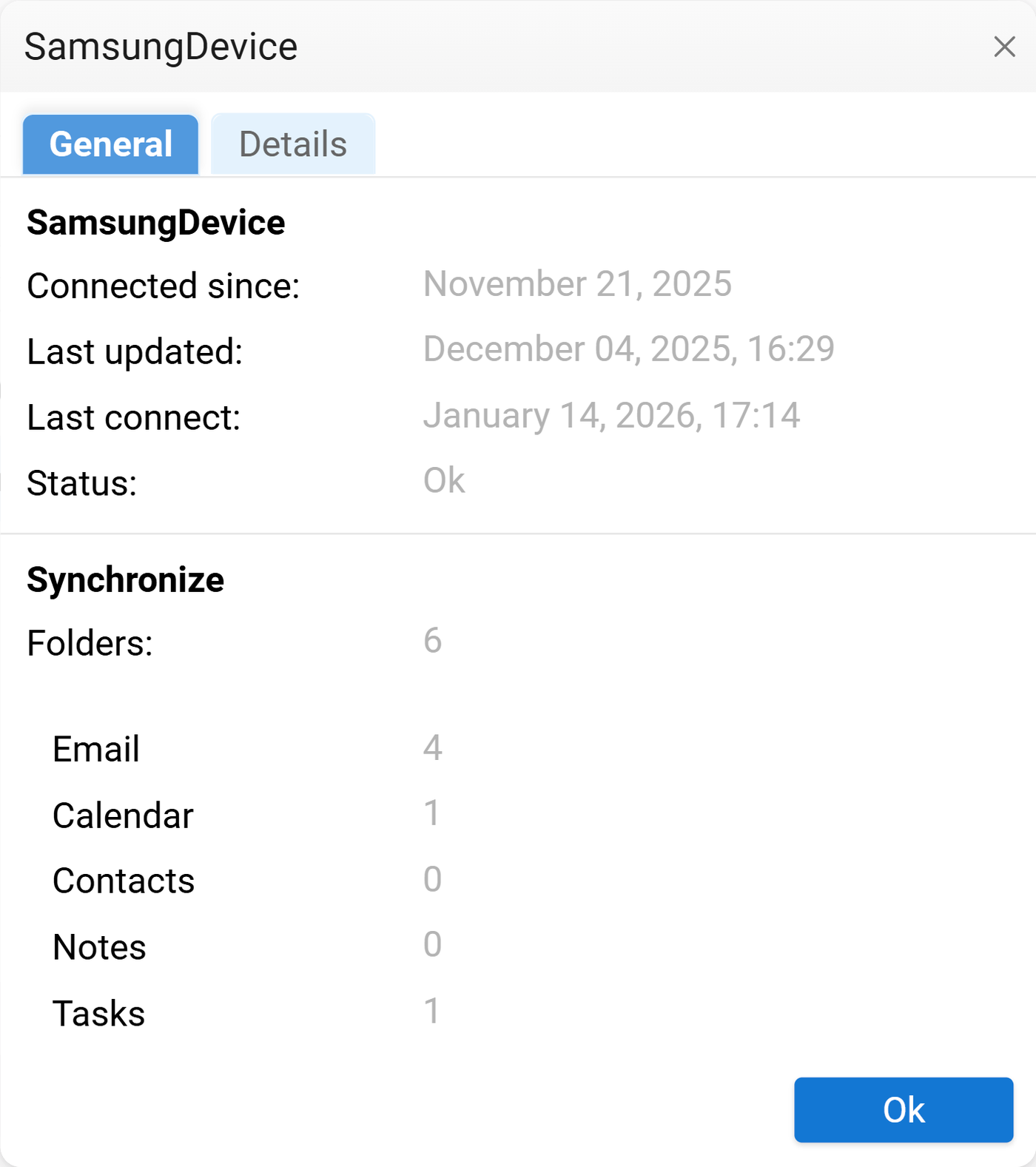 Device details popup, Details tab: device type, operating system, user agent, and MDM plugin versions