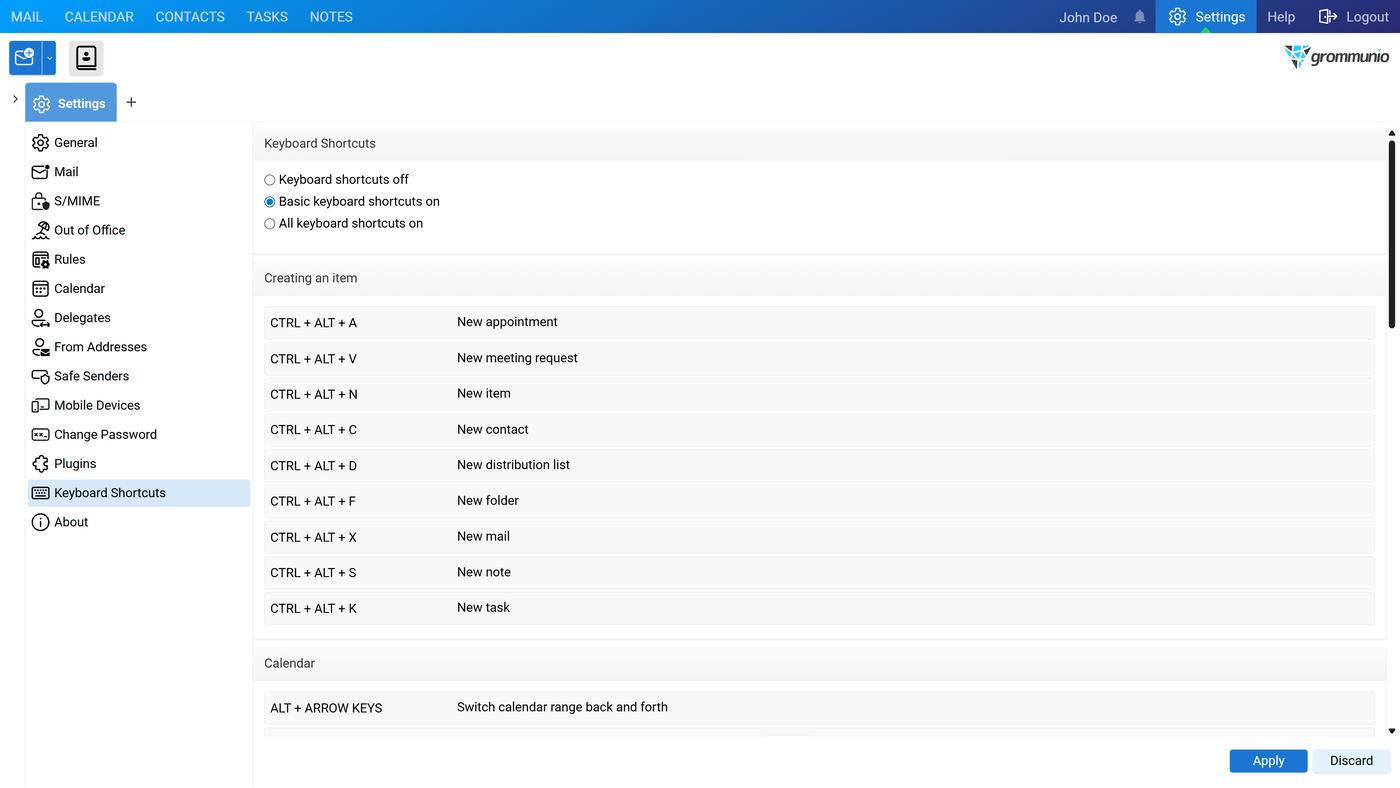 About panel showing grommunio Web copyright notices and license details for the software and its components