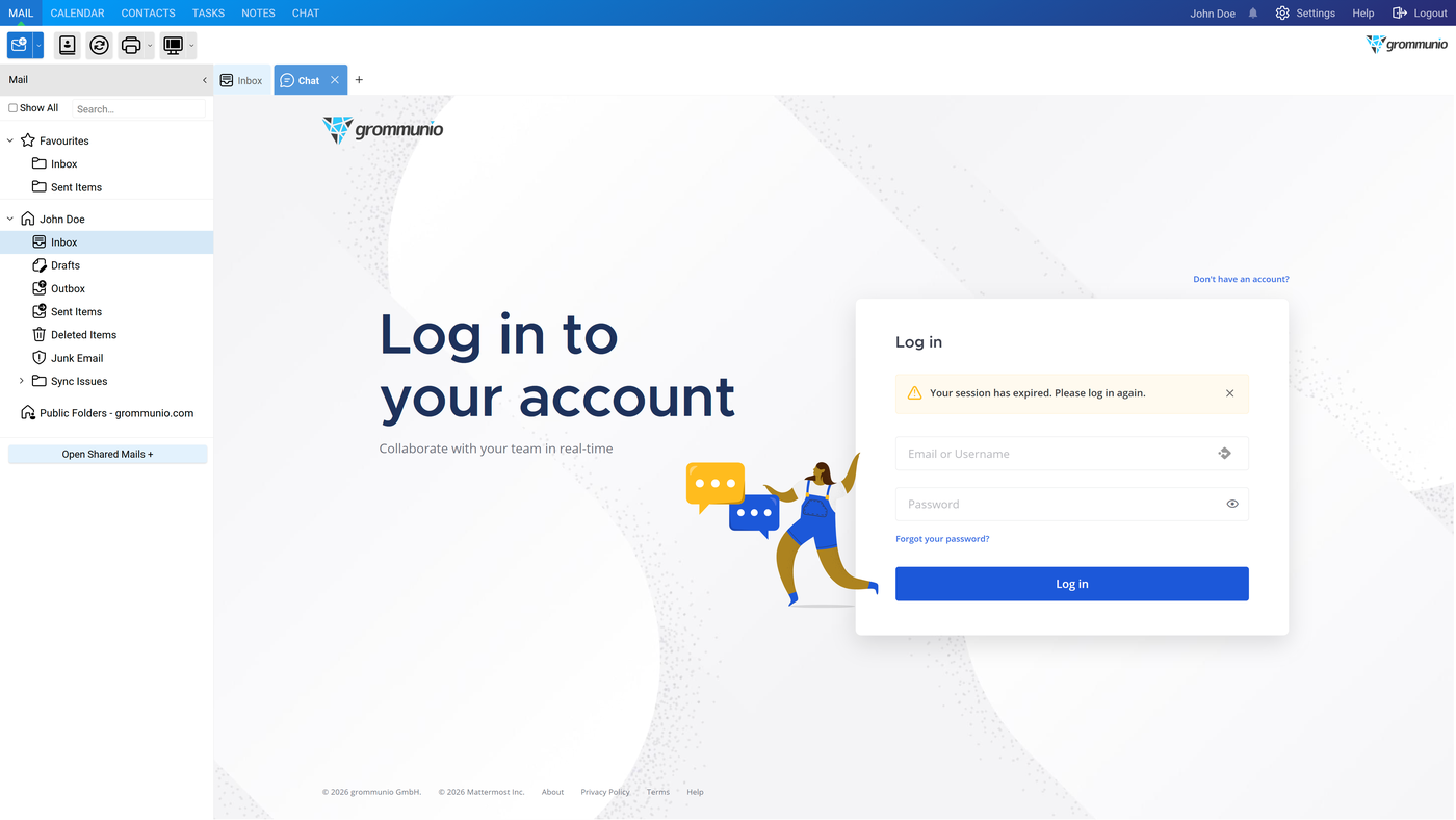 grommunio Web Chat tab showing the "Log in to your account" prompt for the chat system
