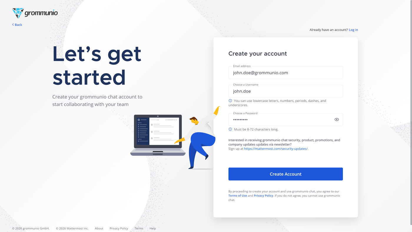 Chat account creation page where an invited user enters their email address, username, and password to create a grommunio chat account