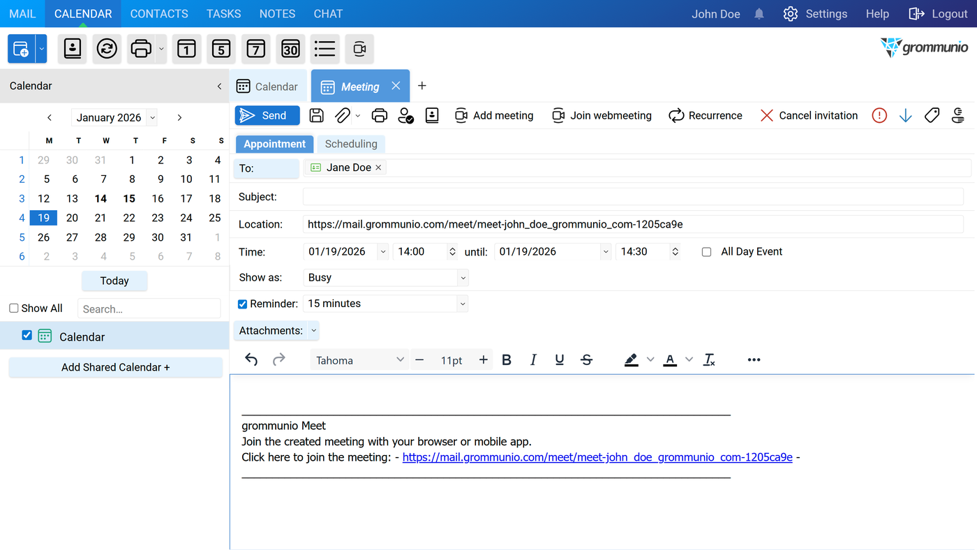 A Calendar meeting with the generated Meet link shown in the Location field and a one-click join link in the Notes field