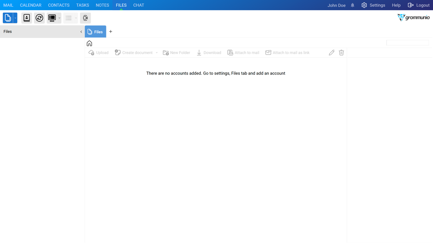 The Files tab without any account configured, showing the message that no accounts have been added