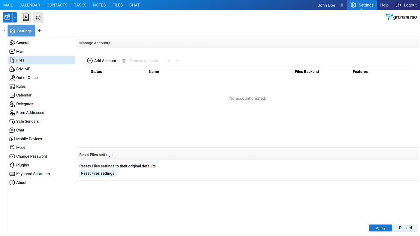 The Files tab in Settings with the Manage Accounts area for adding or removing Files accounts