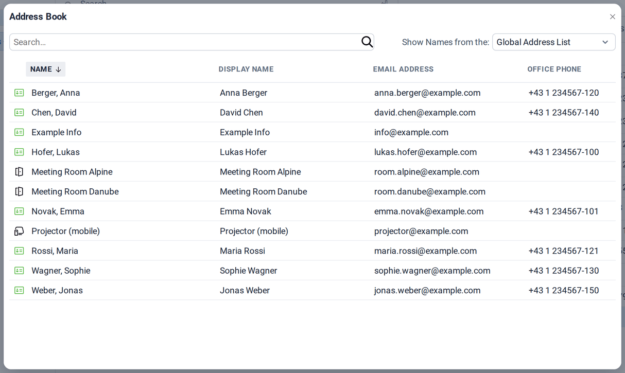 The address book with the global address list of Example Ltd.