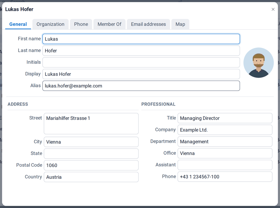 The details of Lukas Hofer from the address book with the tabs General, Organization, Phone, Member Of, Email addresses and Map