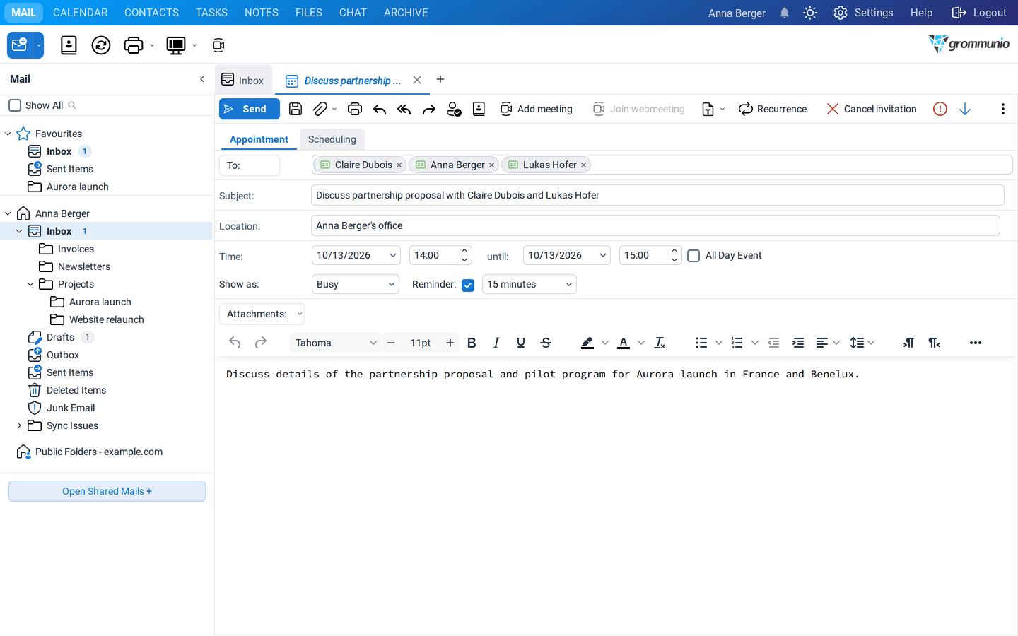 The meeting request created from the suggestion, with subject and notes prefilled