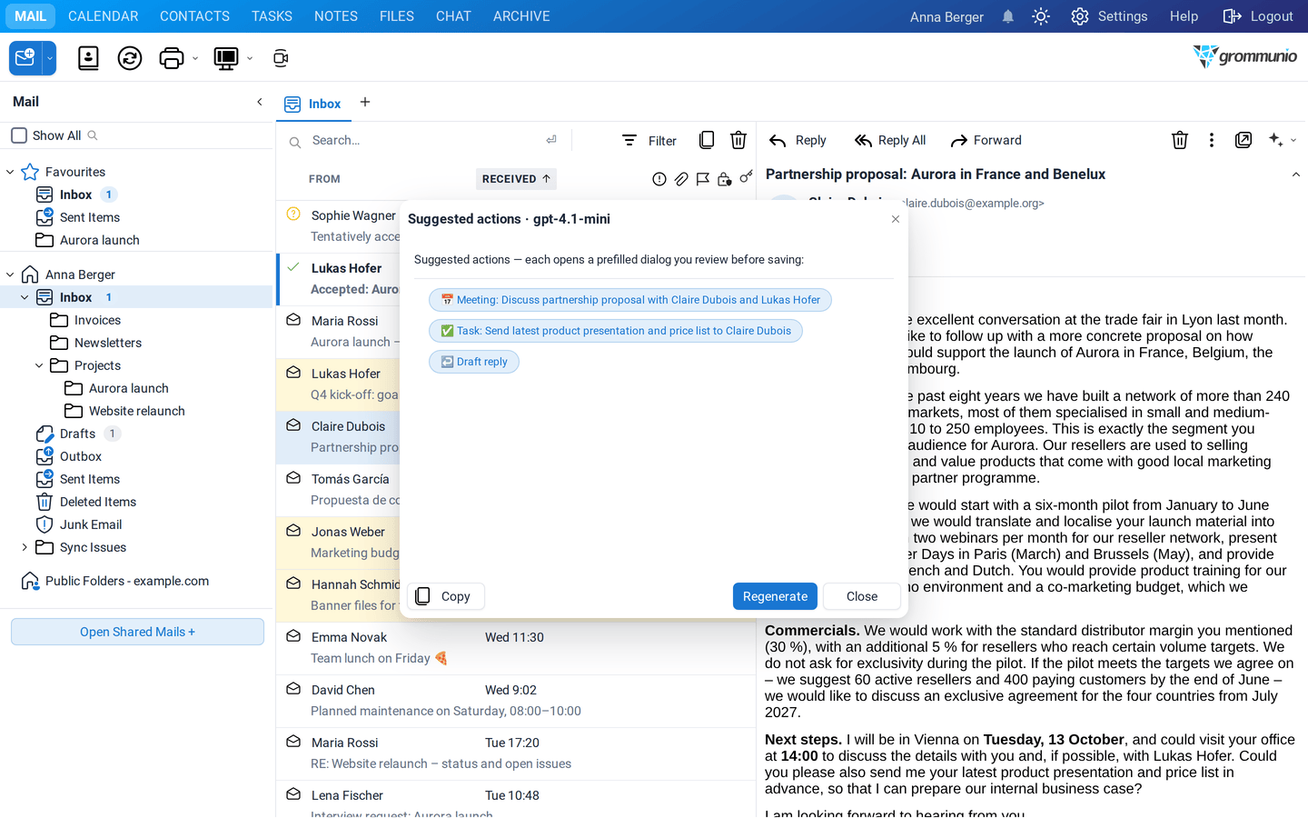 Suggested actions for the partnership proposal: a meeting with Claire Dubois and Lukas Hofer, a task to send the product presentation and a draft reply