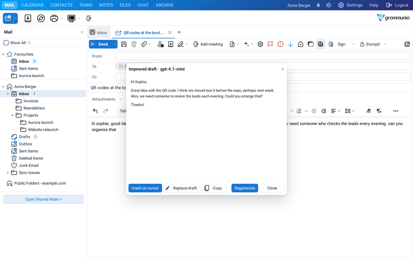 The Improved draft window with the polished text and the buttons Insert at cursor, Replace draft, Copy, Regenerate and Close