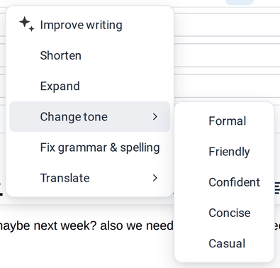 The Change tone submenu of the AI writing assistant with Formal, Friendly, Confident, Concise and Casual