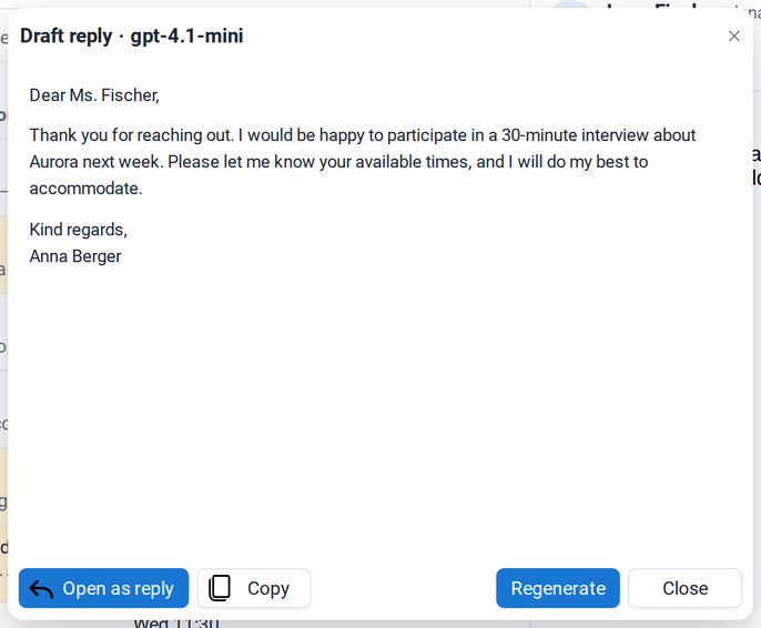 The draft reply to Lena Fischer accepting the interview request