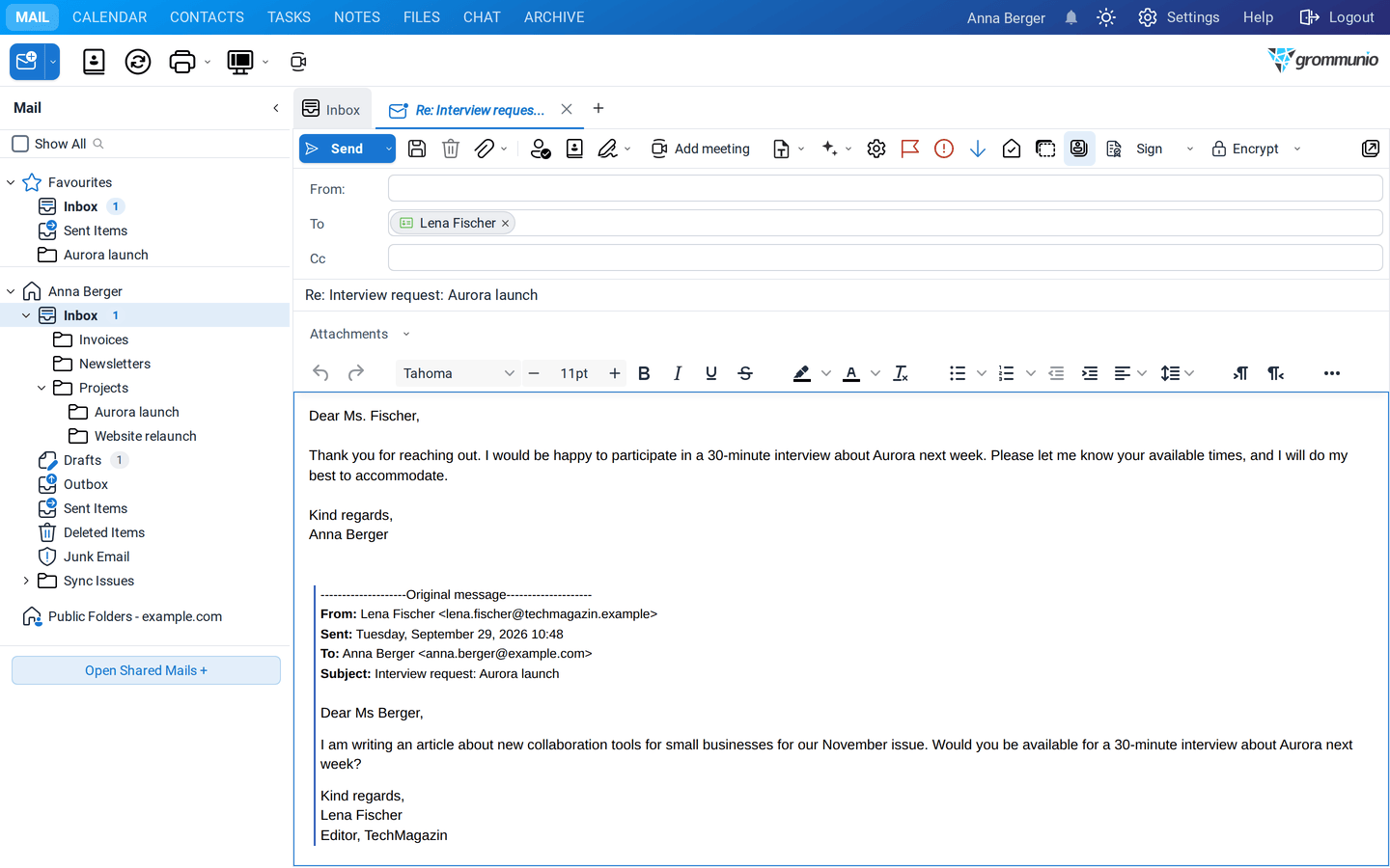 The reply to Lena Fischer with the AI-written text above the quoted original