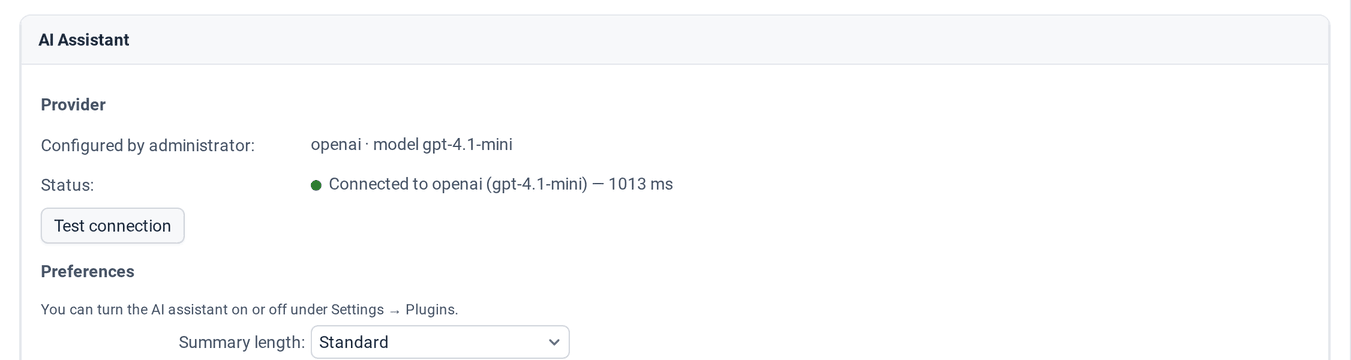 The AI Assistant settings with the provider, Test connection and the preferences