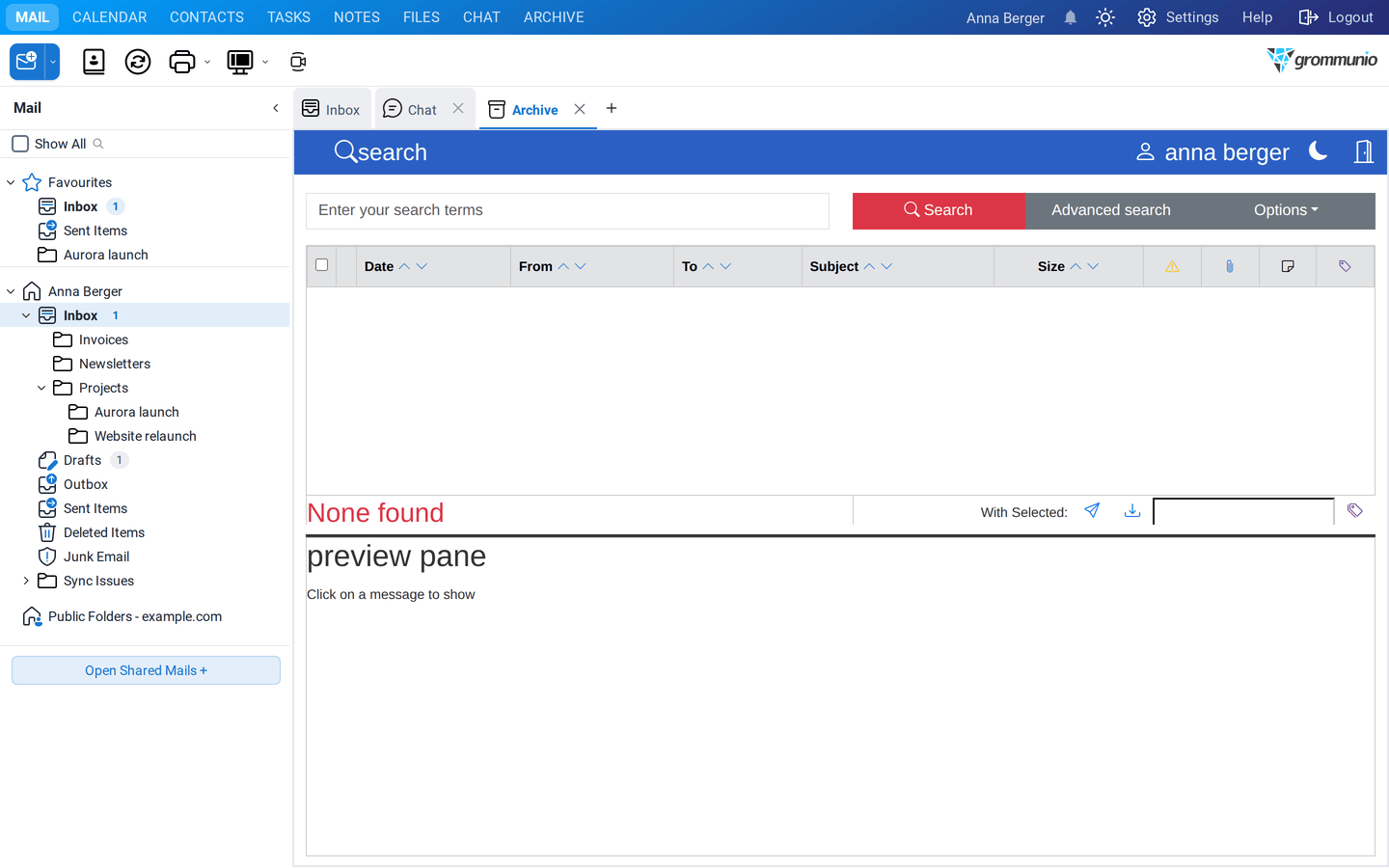 grommunio Archive inside grommunio Web with the search field, the result list and the preview pane