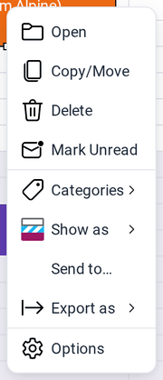 The context menu of an appointment with Open, Copy/Move, Delete, Mark Unread, Categories, Show as, Send to, Export as and Options
