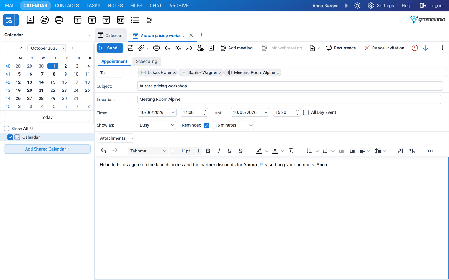 A new meeting request Aurora pricing workshop to Lukas Hofer, Sophie Wagner and Meeting Room Alpine with a short invitation text