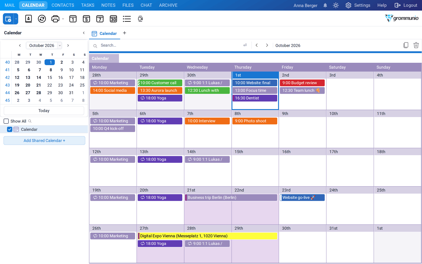 The month view of October with recurring meetings, the business trip and Digital Expo Vienna