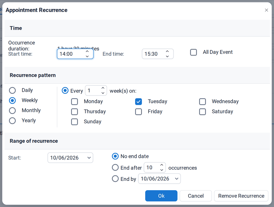 The Recurrence dialog with the time of the appointment, the recurrence pattern and the range of recurrence