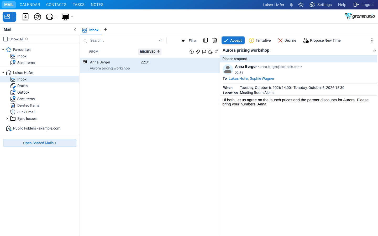 The meeting request Aurora pricing workshop in the inbox of Lukas Hofer with the Accept, Tentative, Decline and Propose New Time buttons