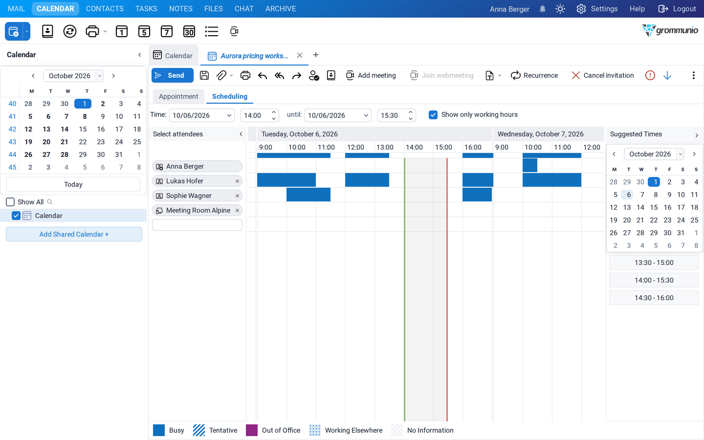 The Scheduling tab with the attendees on the left, their free/busy times for the selected day and suggested times on the right