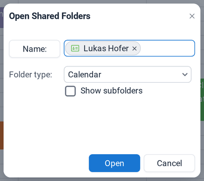 The Open Shared Folders dialog with Lukas Hofer as name and Calendar as folder type