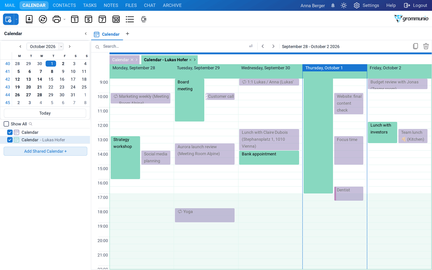 The own calendar and the calendar of Lukas Hofer overlaid in one column