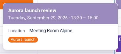 The card that appears when hovering over the Aurora launch review appointment, with time, location and category