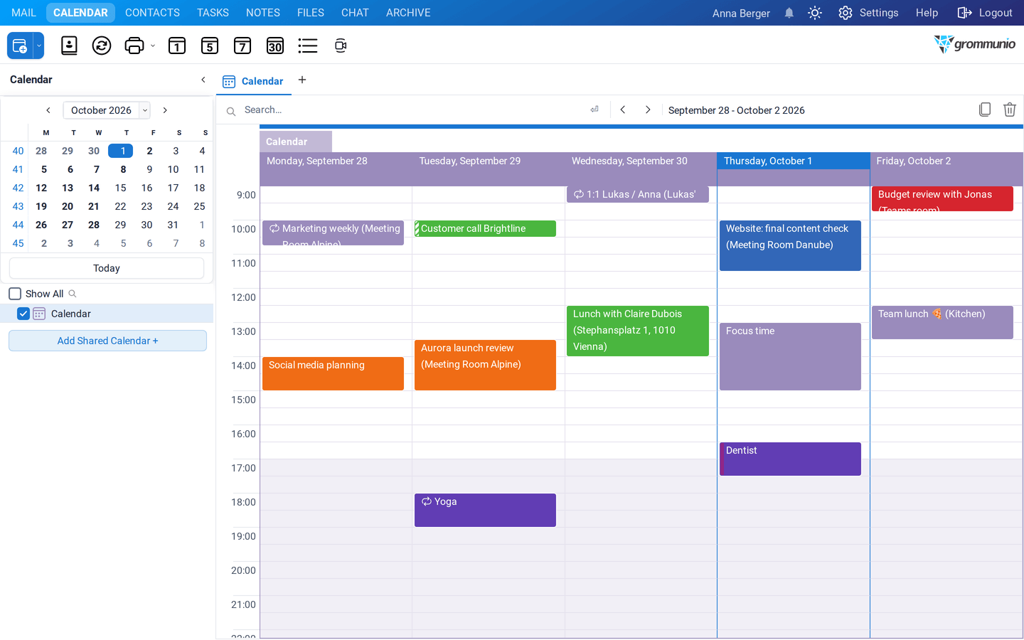 The calendar in the work week view with color-coded appointments from Monday to Friday