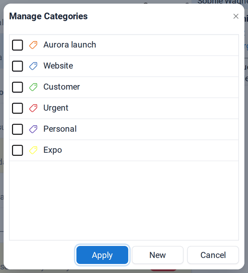 The Manage Categories dialog with the six categories, each with its color
