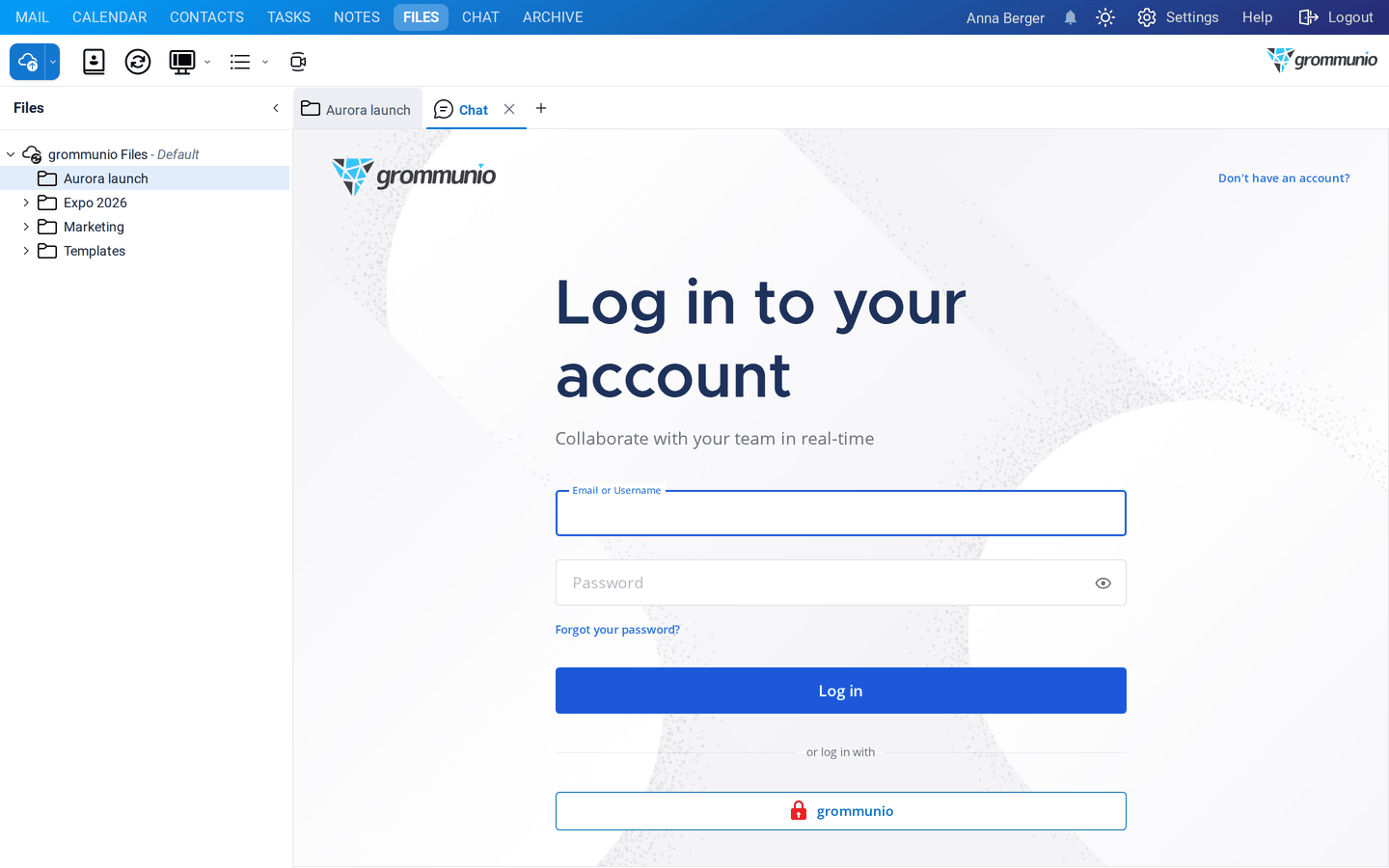 The Chat tab with the grommunio Chat sign-in page and the grommunio single sign-on button