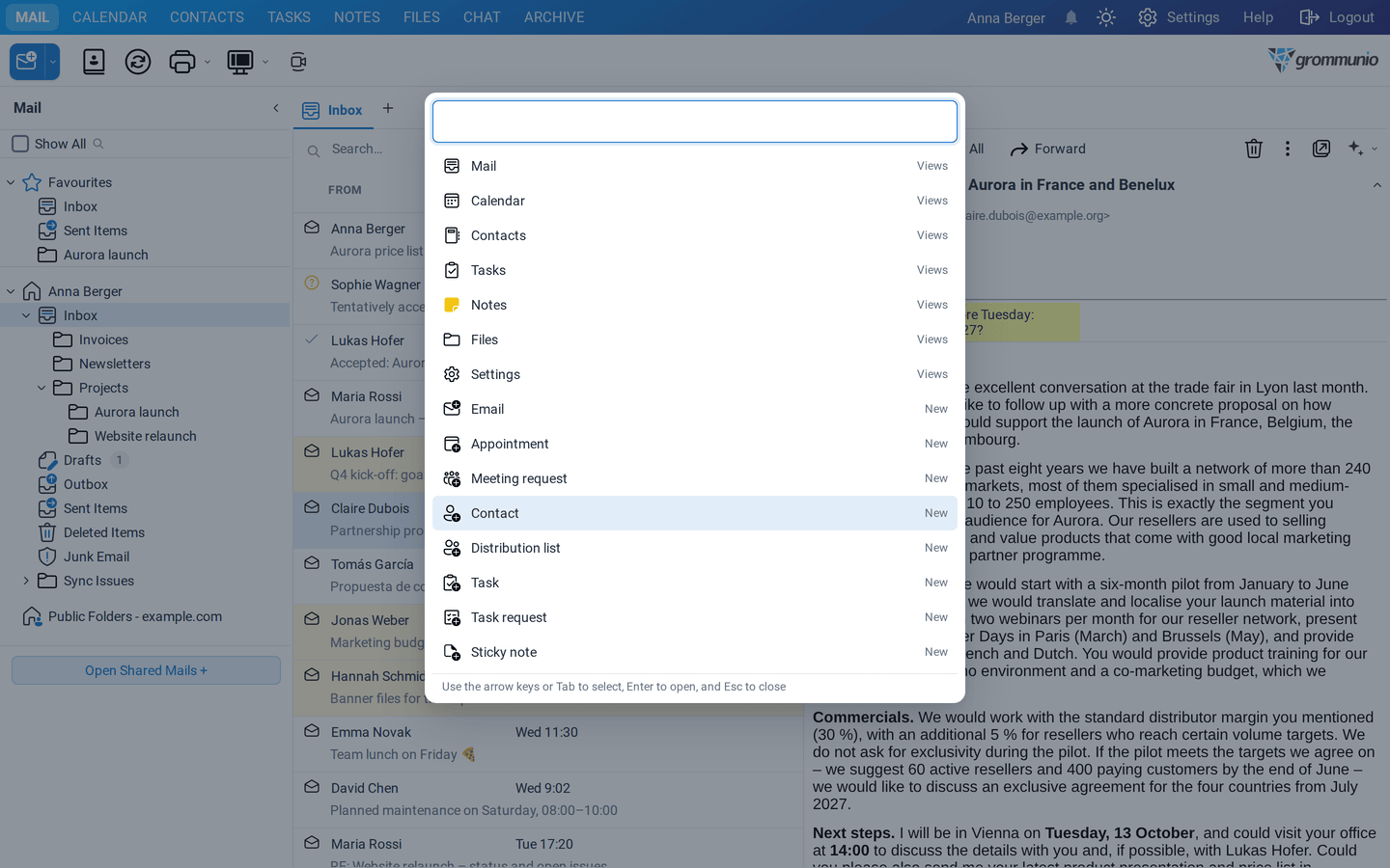 The command palette listing the views Mail, Calendar, Contacts, Tasks, Notes, Files and Settings and the New commands