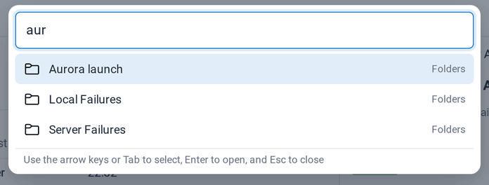 The command palette with the search term aur, listing the folder Aurora launch