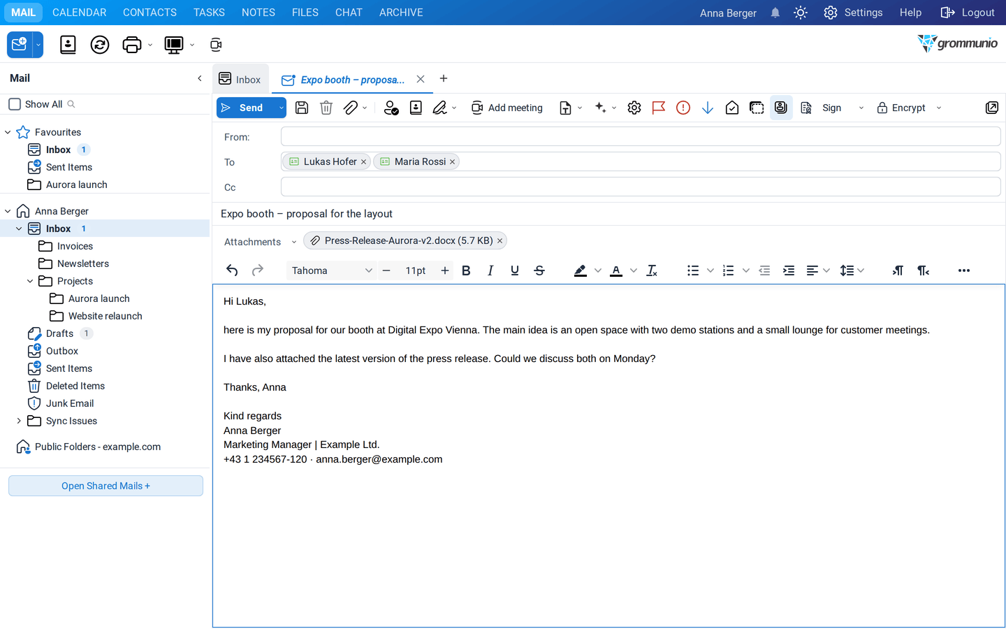 A new mail to Lukas Hofer with Maria Rossi in Cc, a subject, a Word document attached and a short text