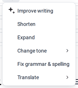 The AI writing assistant menu with Improve writing, Shorten, Expand, Change tone, Fix grammar & spelling and Translate