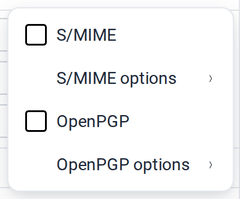 The Encrypt menu with the options S/MIME and OpenPGP and the OpenPGP options