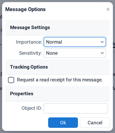The Message Options dialog with Importance, Sensitivity and the read receipt option
