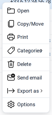 The context menu of a contact with Open, Copy/Move, Print, Categories, Delete, Send email, Export as and Options