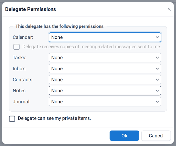 The Delegate Permissions dialog for Emma Novak with permissions for calendar, tasks, inbox, contacts, notes and journal