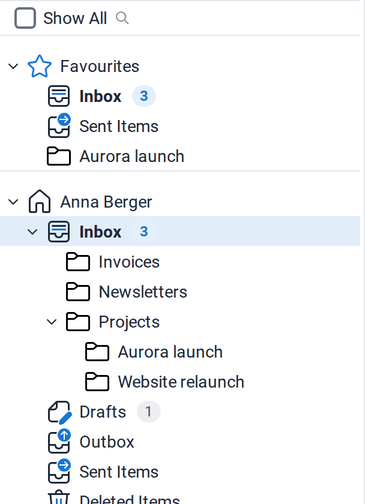 The folder pane with Favourites, the folders of Anna Berger, the project subfolders, Public Folders and the Open Shared Mails button
