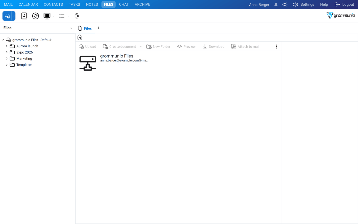 The Files view with the folders Aurora launch, Expo 2026, Marketing and Templates